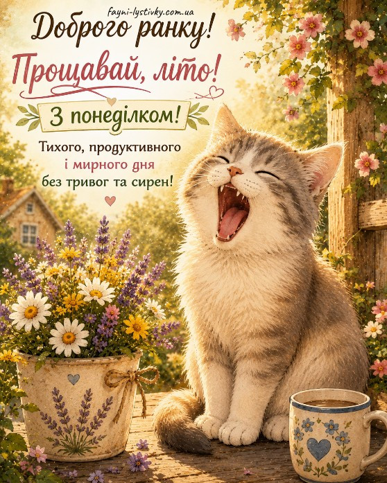 Милий котик позіхає поруч із горщиком квітів та чашкою кави, напис Доброго ранку та Прощавай літо