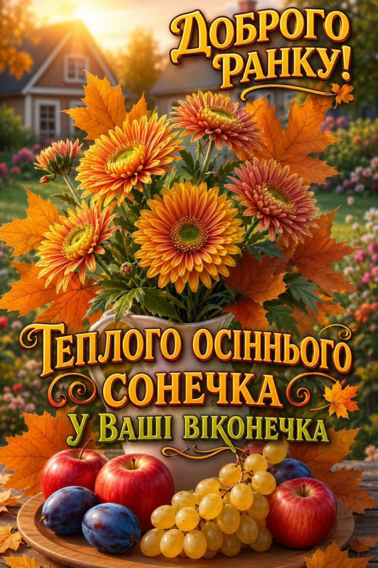 Листівка Доброго ранку: Осінній настрій з квітами та фруктами