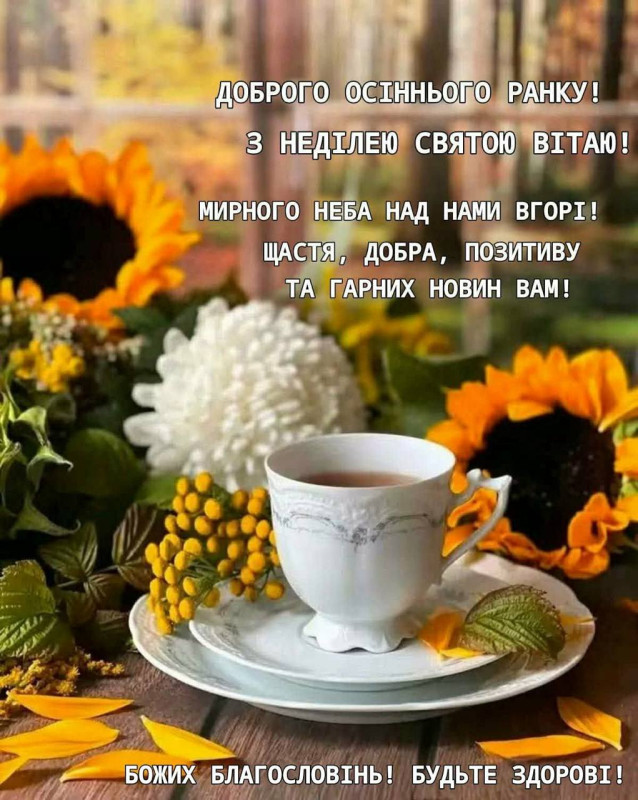 Листівка з неділею: осінній ранок, квіти та побажання миру