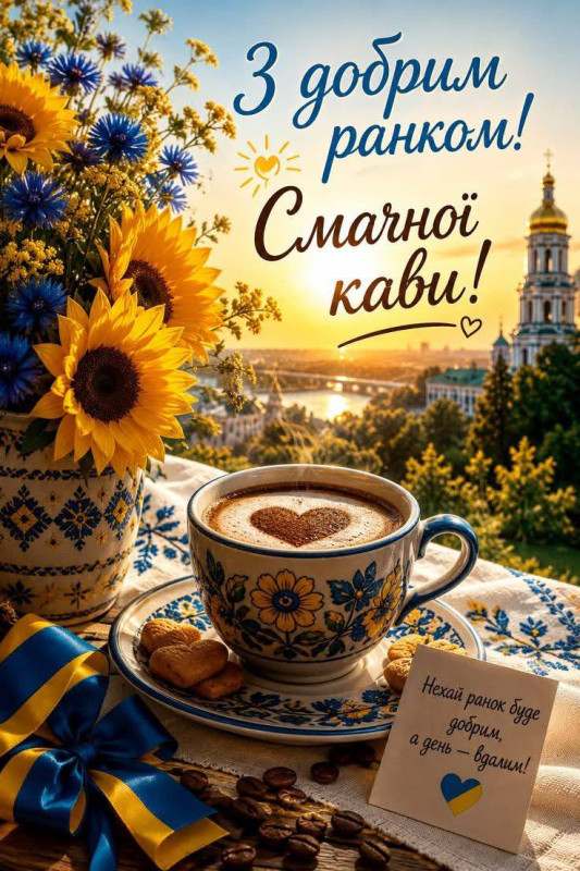 Листівка З добрим ранком: смачна кава та українські квіти