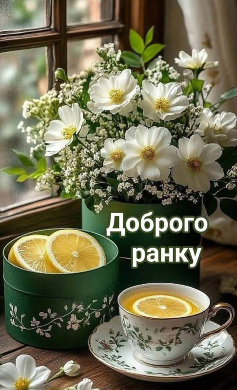 Листівка Доброго ранку з квітами та чаєм
