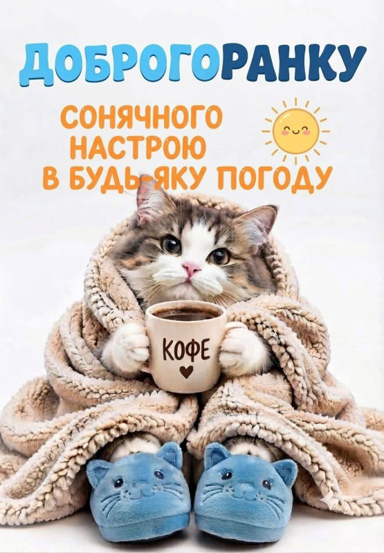 Листівка Доброго ранку: милий котик з кавою та пледом