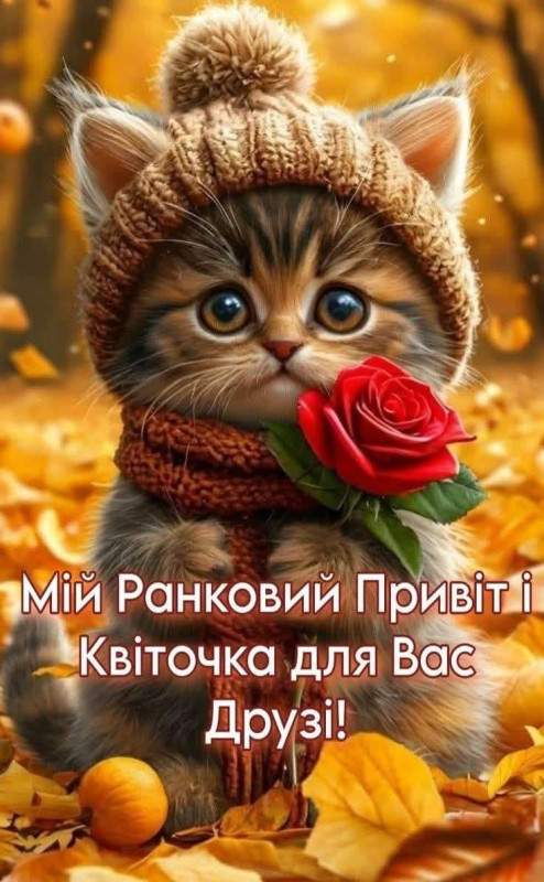 Ранкова листівка з милим кошеням та трояндою для друзів