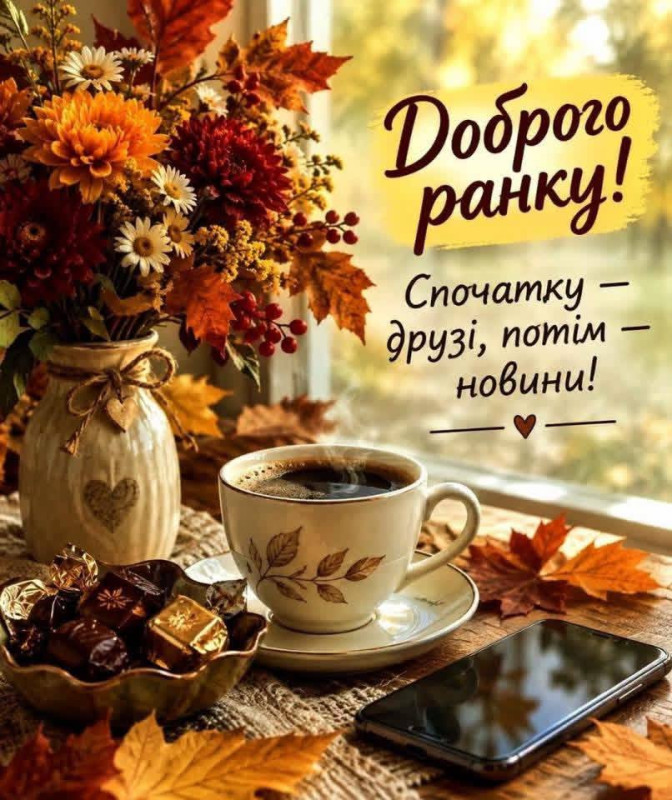 Осіння листівка з чашкою кави, вазою з квітами та смартфоном на дерев