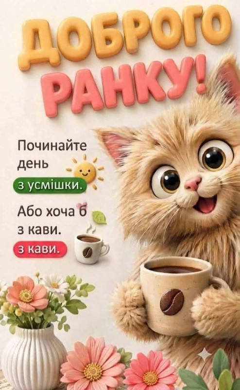 Листівка Доброго ранку з милим котиком та кавою