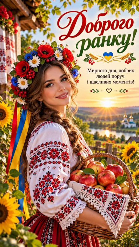 Листівка Доброго ранку: дівчина у вишиванці з яблуками