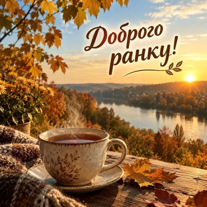 Листівка Доброго ранку: осінній пейзаж з чашкою чаю