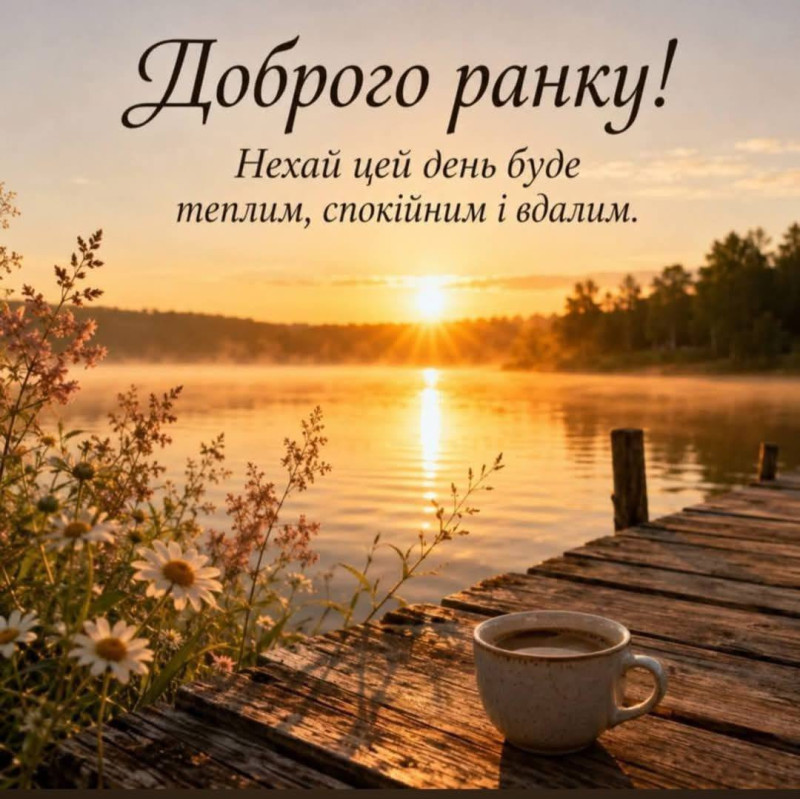 Листівка Доброго ранку: теплий схід сонця на озері