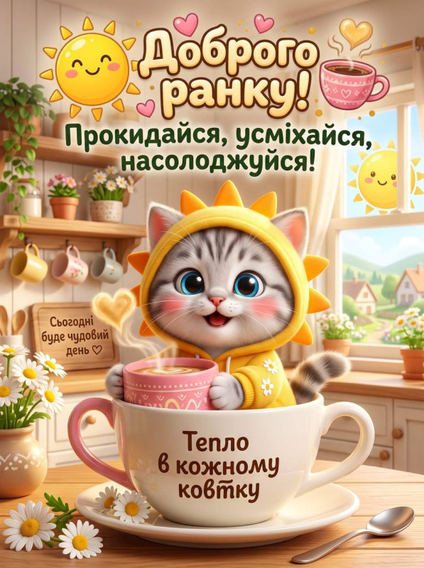 Листівка Доброго ранку, Тепло в кожному ковтку на фоні затишної кухні