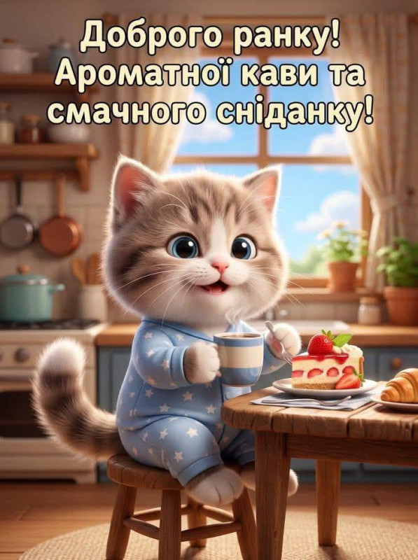 Листівка Доброго ранку з милим котиком та кавою