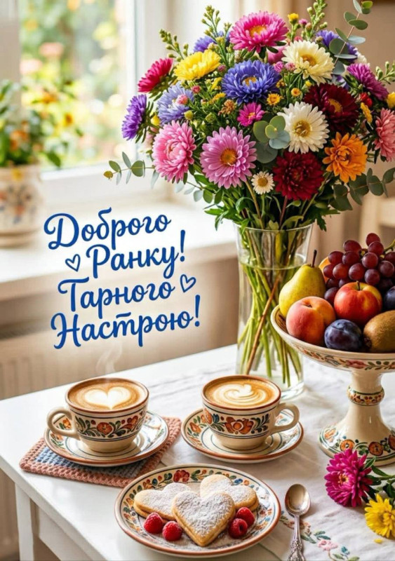 Листівка Доброго ранку та гарного настрою з квітами та кавою