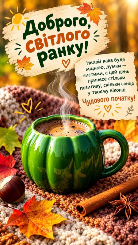 Листівка Доброго світлого ранку з кавою та осіннім декором