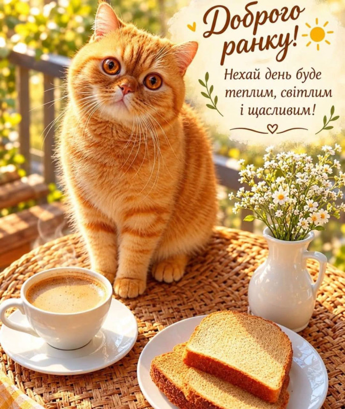 Затишна ранкова листівка з рудим котом, чашкою кави, скибками хліба та букетом квітів на плетеному столі