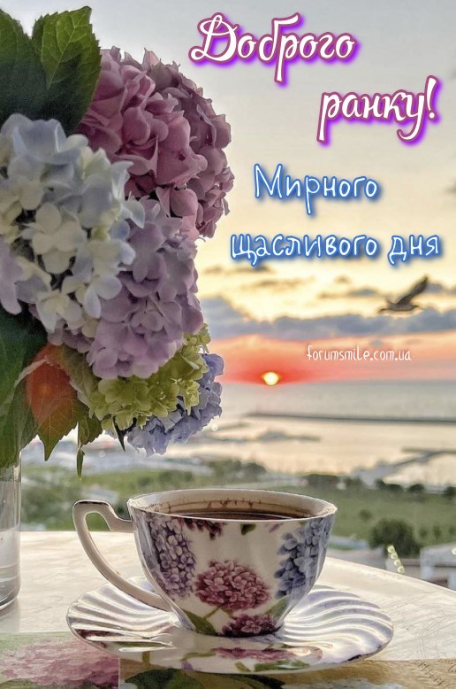 Картинка доброго ранку, мирного щасливого дня, квіти, схід сонця та чашечка кави