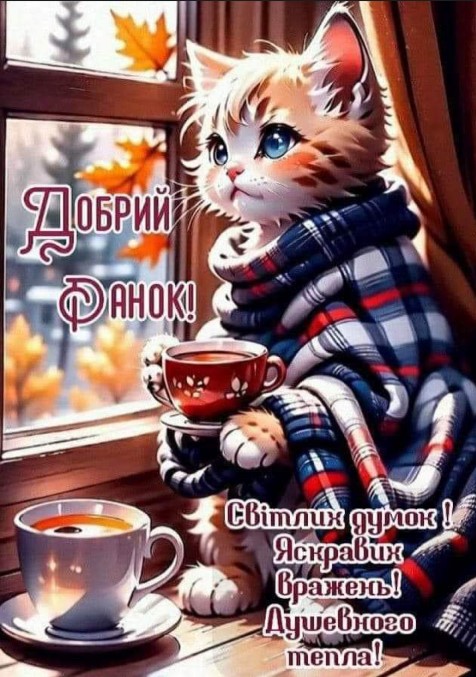 Картинка з побажанням доброго ранку з закутаним у ковдру котом, що сидить біля вікна і дивиться на осіннє листя.