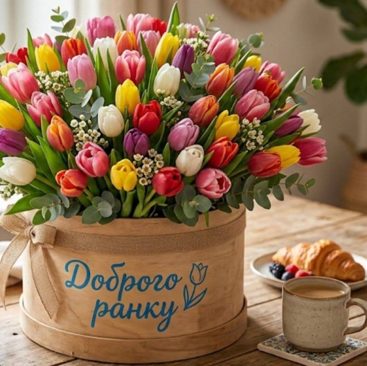 Листівка з побажанням Доброго ранку та букетом тюльпанів