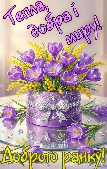 Листівка Доброго ранку з фіолетовими крокусами та мімозою