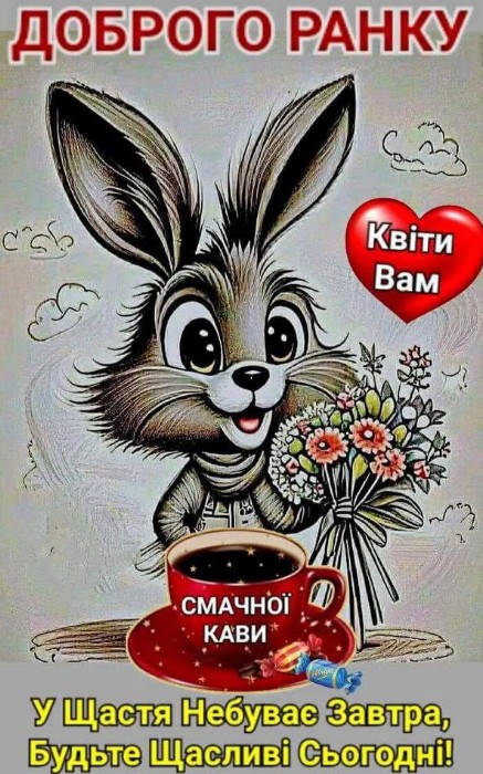 Листівка Доброго ранку: милий зайчик з квітами та кавою
