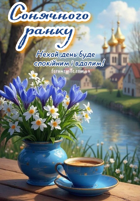 Синя ваза з весняними квітами та чашка кави на фоні мальовничого пейзажу з храмом, напис Сонячного ранку