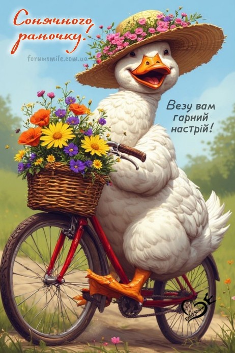 Листівка Сонячного ранку: Гусак на велосипеді з квітами