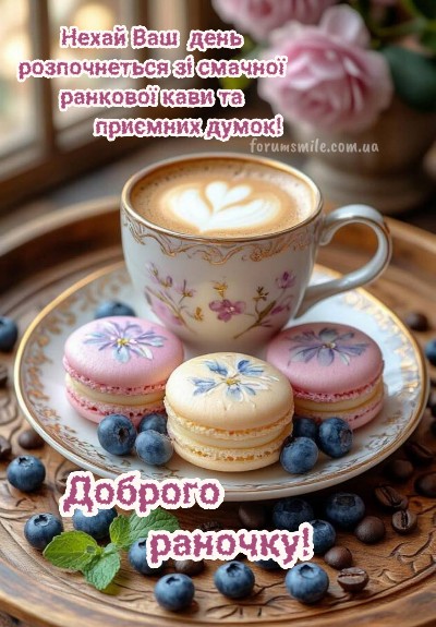 Чашка ранкової кави з лате-артом на тарілці з рожевими та бежевими макарунами, прикрашеними квітами та ягодами лохини.