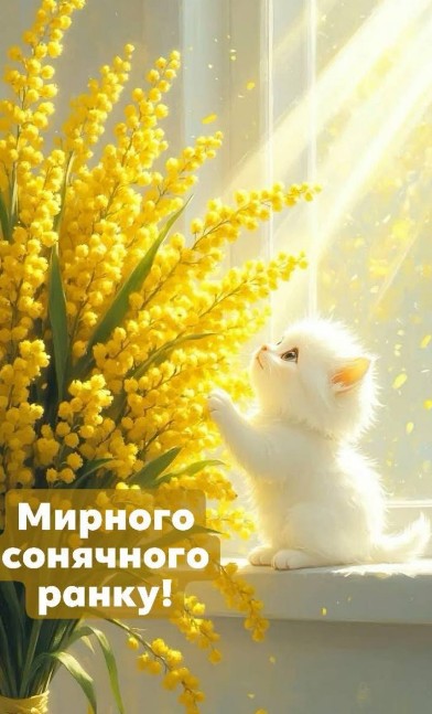 Біле пухнасте кошеня біля букета жовтої мімози на підвіконні з написом Мирного сонячного ранку