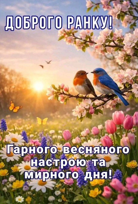 Листівка Доброго ранку: весняні квіти та пташки