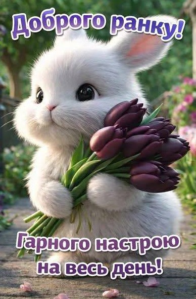 Листівка Доброго ранку з милим зайчиком та тюльпанами