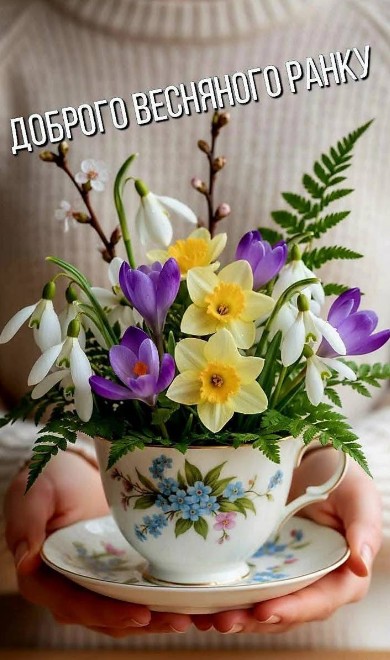Листівка з весняним ранком: проліски та нарциси у чашці