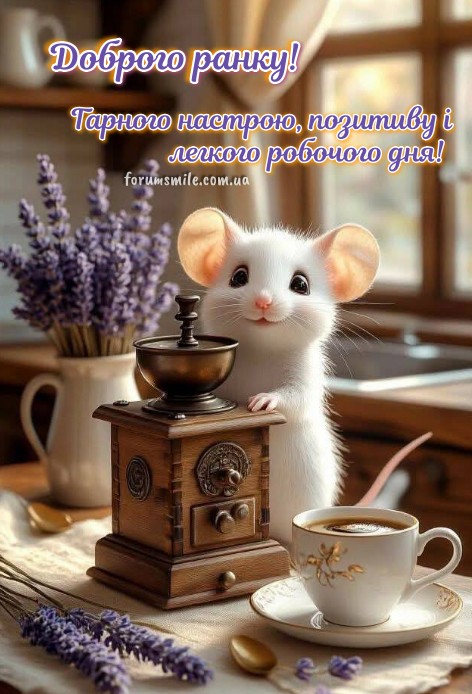 Мила біла мишка стоїть біля старовинної кавомолки поруч із чашкою кави та букетом лаванди, напис Доброго ранку