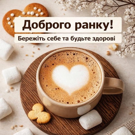 Листівка Доброго ранку, кава з сердечком та побажання