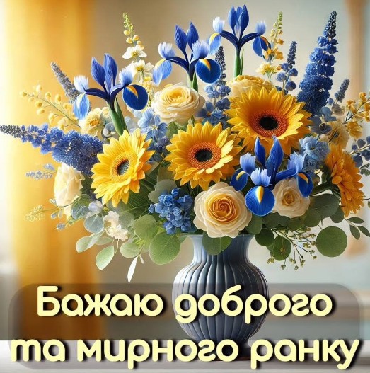 Красивий букет із соняшників, блакитних ірисів та троянд у вазі з написом Бажаю доброго та мирного ранку