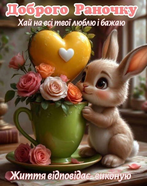 Милий пухнастий кролик біля зеленої чашки з трояндами та жовтим серцем, напис Доброго ранку