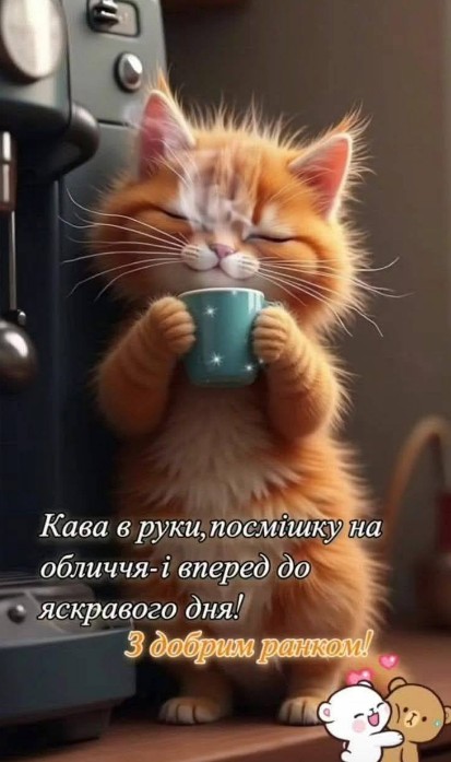 Миле пухнасте руде кошеня тримає у лапках блакитну філіжанку з кавою, напис українською мовою про добрий ранок