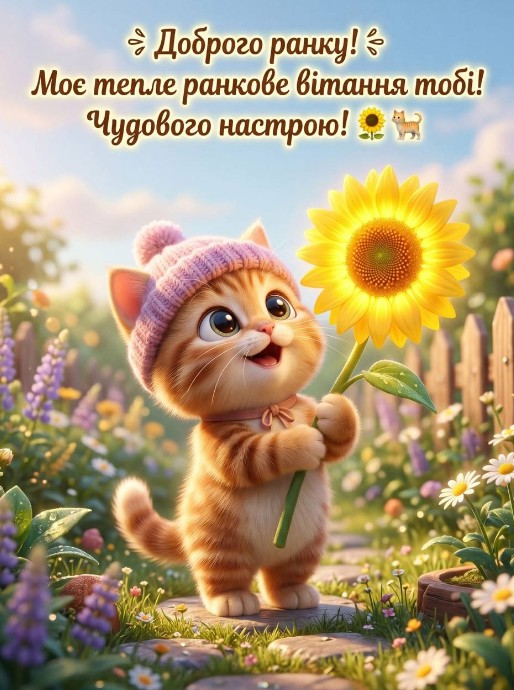 Листівка Доброго ранку з милим котиком та соняшником