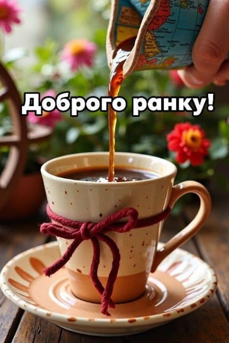Горнятко кави з червоною стрічкою, в яке наливають напій, на фоні квітів з написом Доброго ранку
