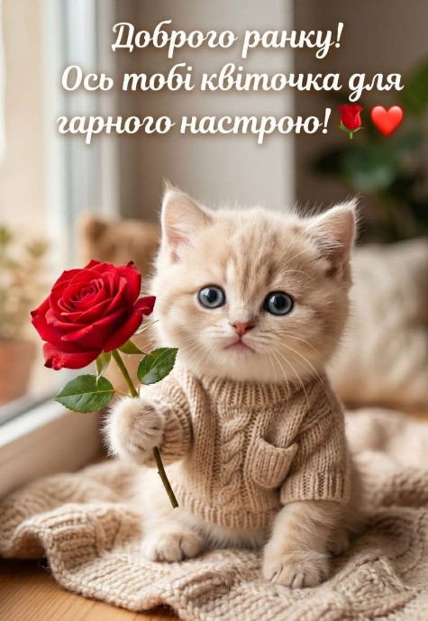 Листівка Доброго ранку з котиком і червоною трояндою