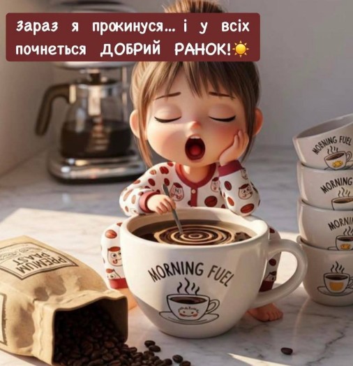 Листівка Добрий ранок з кавою та милою дівчинкою