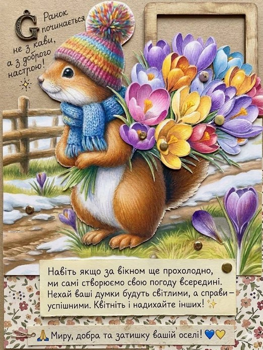Листівка з білочкою та весняними крокусами – натхнення