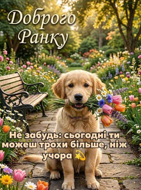 Листівка Доброго ранку з милим цуценям та квітами