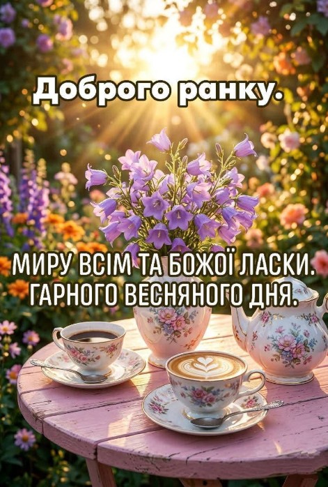 Листівка Доброго ранку: весняні квіти та кава