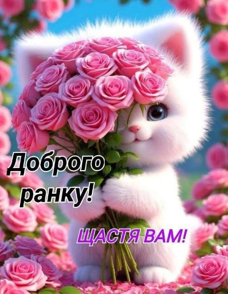 Листівка Доброго ранку з милим котиком та трояндами