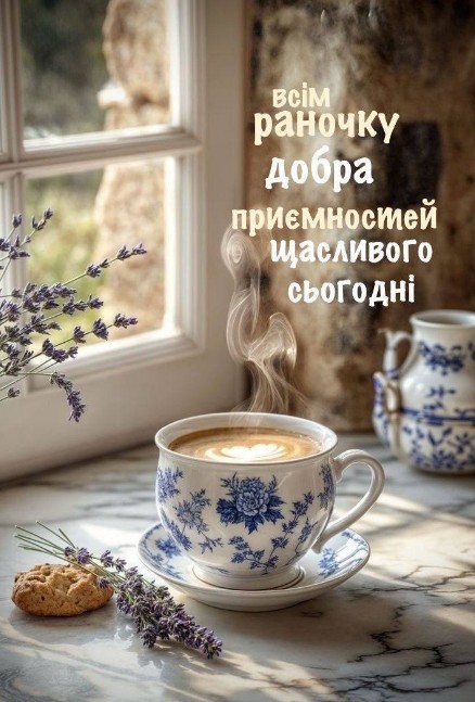 Листівка Доброго ранку: кава, лаванда та приємні побажання