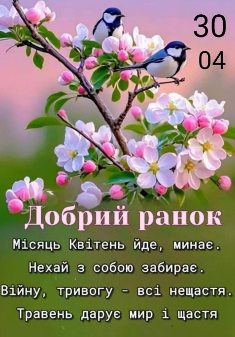 Листівка Добрий ранок: весняні квіти та пташки 30 квітня