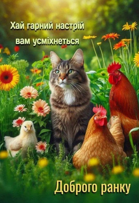 Листівка Доброго ранку з котиком, куркою та курчам у квітах