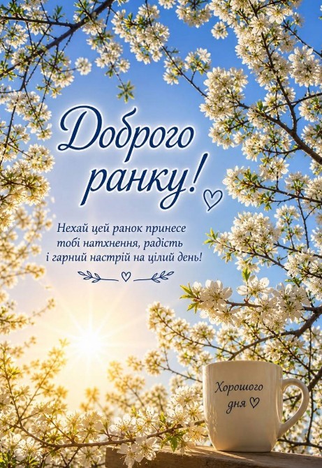 Листівка Доброго ранку з квітучою гілкою та кавою