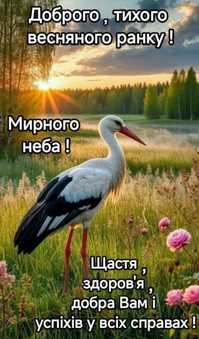 Листівка Доброго, тихого весняного ранку з лелекою та побажаннями