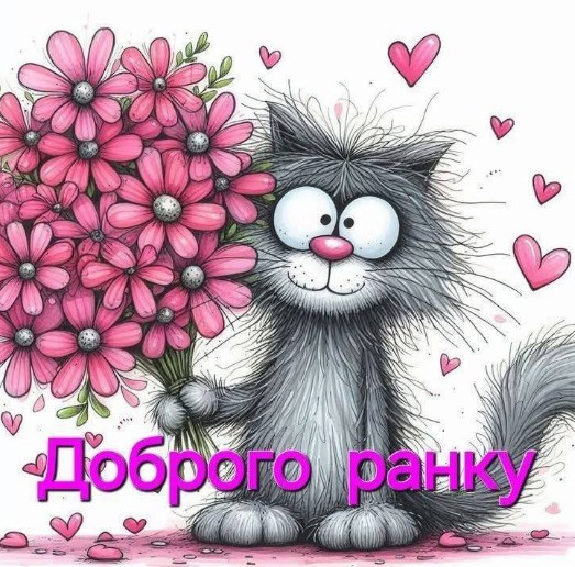 Листівка Доброго ранку з милим котиком та квітами