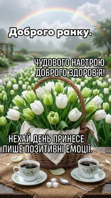Листівка Доброго ранку з тюльпанами та кавою