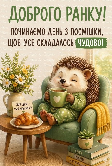 Листівка Доброго ранку з милим їжачком та кавою